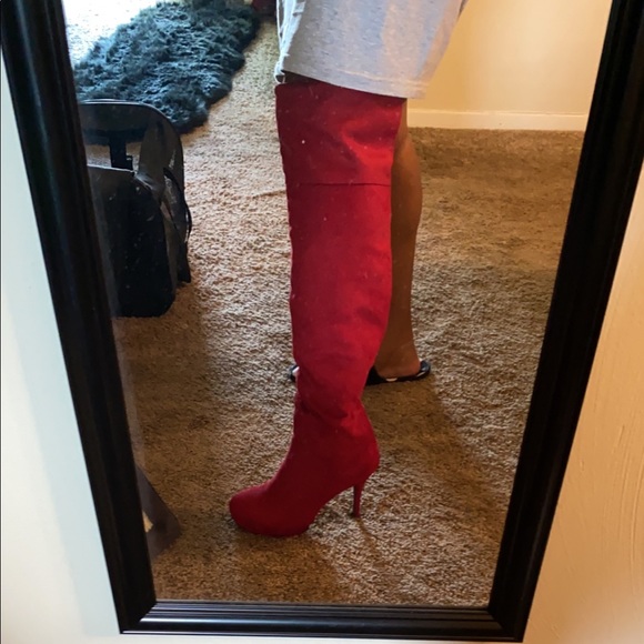 BLISSFUL STEP Women Over Knee Heeled Platform Red Boots